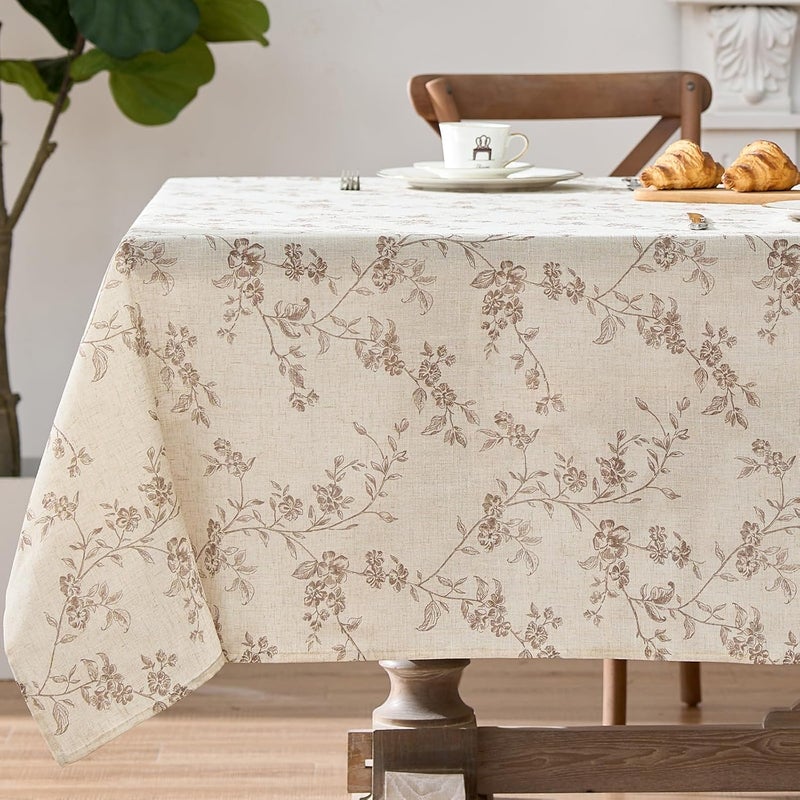 x 70 Inch Beige Linen Tablecloth with Farmhouse Floral Print - Image 1