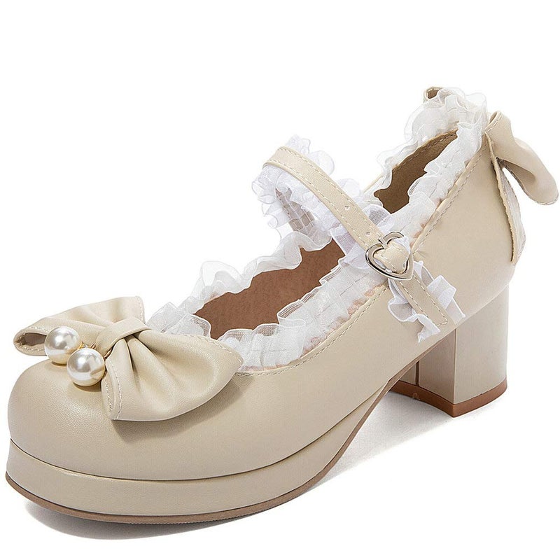 LUXMAX Womens Cute Mary Janes Platform Mid Block Heel Pumps with Pearl Shoes Kawaii Chunky Heel Pumps, Size 4 M US,Beige1 - Image 2