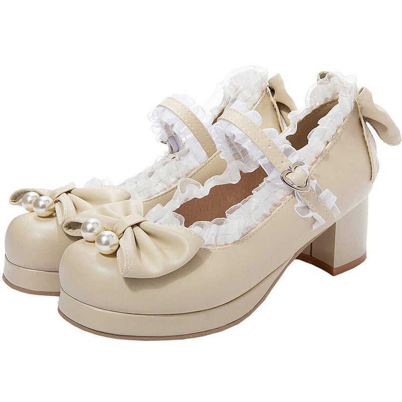 LUXMAX Womens Cute Mary Janes Platform Mid Block Heel Pumps with Pearl Shoes Kawaii Chunky Heel Pumps, Size 4 M US,Beige1 - Image 1