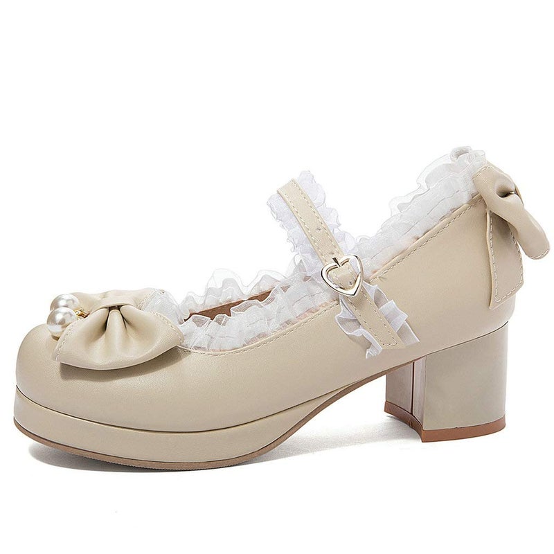 LUXMAX Womens Cute Mary Janes Platform Mid Block Heel Pumps with Pearl Shoes Kawaii Chunky Heel Pumps, Size 4 M US,Beige1 - Image 3