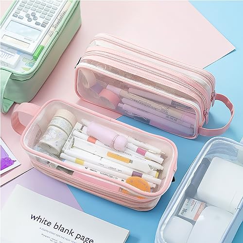 MAMUNU Large Grid Mesh Pencil Case 2 Compartments, Clear Pen Pencil Pouch with Zipper, Multifunction Transparent Stationery Bag for Student College Office Teen Boys Girls Makeup Bag for Adults Travel (Pink) - Image 3
