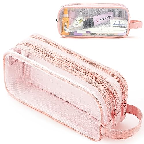 MAMUNU Large Grid Mesh Pencil Case 2 Compartments, Clear Pen Pencil Pouch with Zipper, Multifunction Transparent Stationery Bag for Student College Office Teen Boys Girls Makeup Bag for Adults Travel (Pink) - Image 1