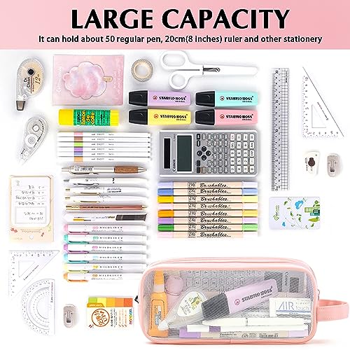 MAMUNU Large Grid Mesh Pencil Case 2 Compartments, Clear Pen Pencil Pouch with Zipper, Multifunction Transparent Stationery Bag for Student College Office Teen Boys Girls Makeup Bag for Adults Travel (Pink) - Image 4