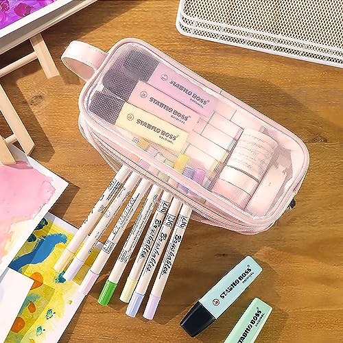 MAMUNU Large Grid Mesh Pencil Case 2 Compartments, Clear Pen Pencil Pouch with Zipper, Multifunction Transparent Stationery Bag for Student College Office Teen Boys Girls Makeup Bag for Adults Travel (Pink) - Image 2