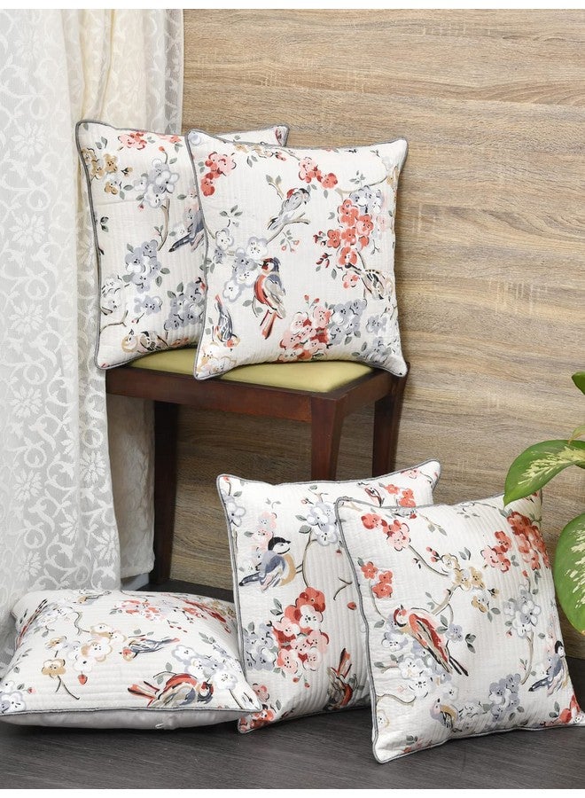 Clasiko Cushion Covers Set Of 5 White & Grey With Quilting ; Cotton Fabric; 18X18 Inches; Color Fastness Guarantee 16459, 250 TC - Image 1