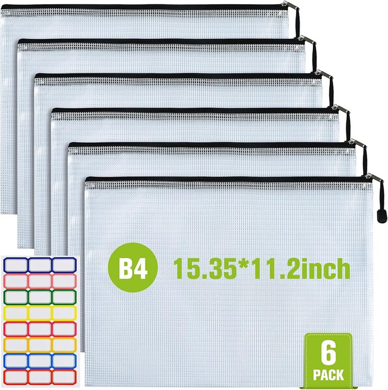 ASTEN Mesh Zipper Pouch, 6PCS Waterproof Plastic Mesh ZipperBag, B4 Size Tear-Resistant Document Pouch, Extra Large Zip File Bags, for School Office Supplies Home Travel Storage(15.35×11.22 Inch) - Image 1