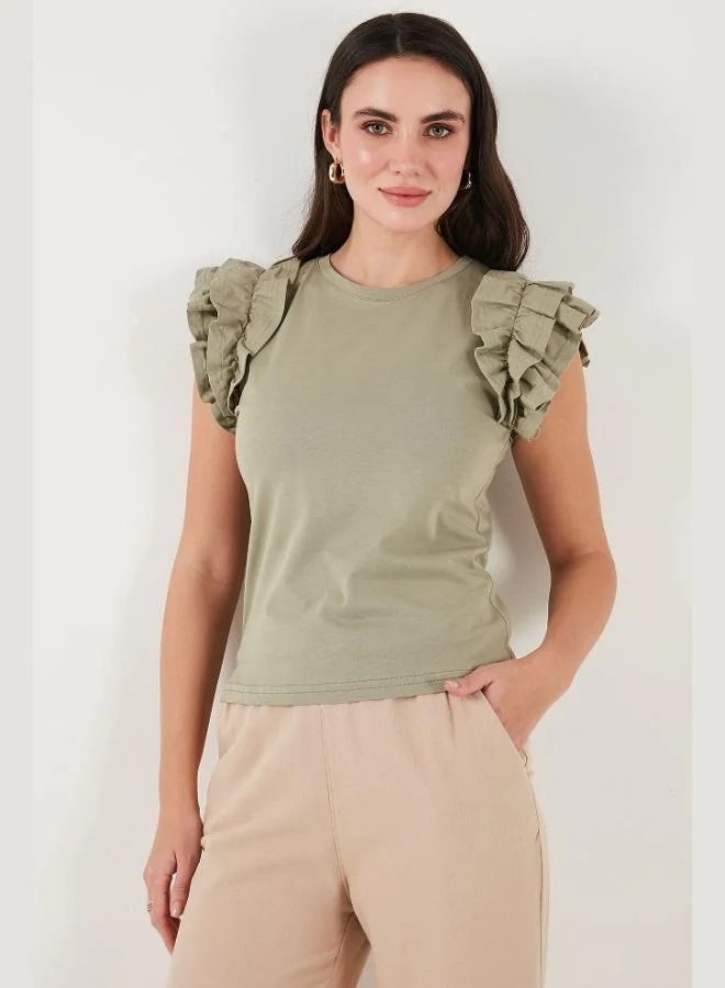 ليلا تيشيرت نسائي قطن بياقة دائرية وأكمام مكشكشة بقصة ضيقة