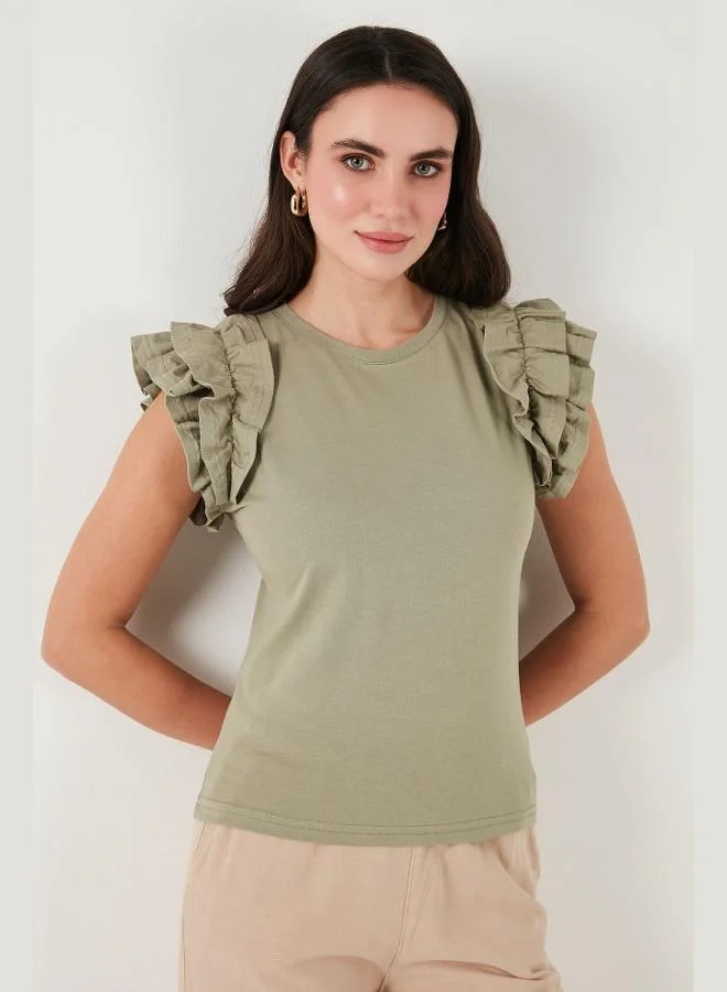 Lela Lela Cotton Ruffled Sleeves Slim Fit Crew Neck T Shirt Women's T-SHIRT 5864500