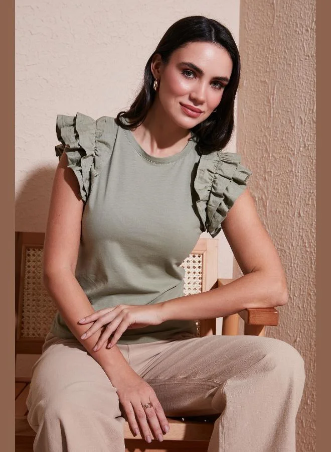 Lela Lela Cotton Ruffled Sleeves Slim Fit Crew Neck T Shirt Women's T-SHIRT 5864500