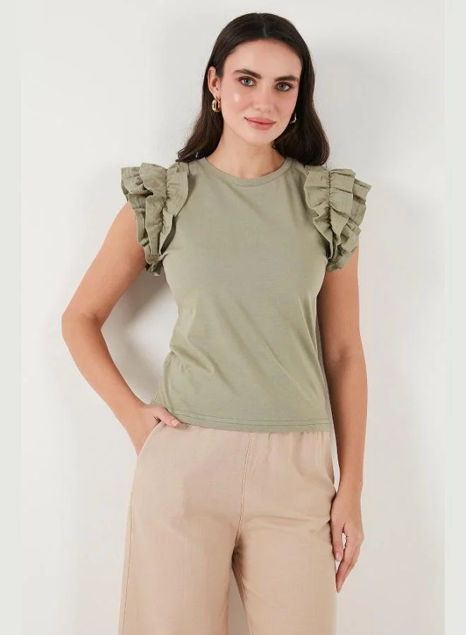 Lela Lela Cotton Ruffled Sleeves Slim Fit Crew Neck T Shirt Women's T-SHIRT 5864500