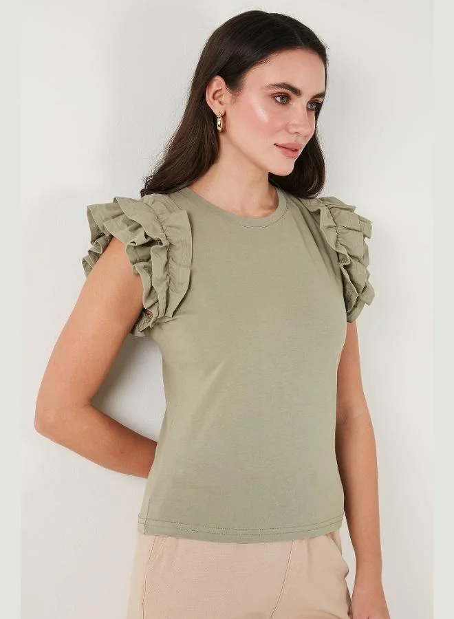 ليلا تيشيرت نسائي قطن بياقة دائرية وأكمام مكشكشة بقصة ضيقة