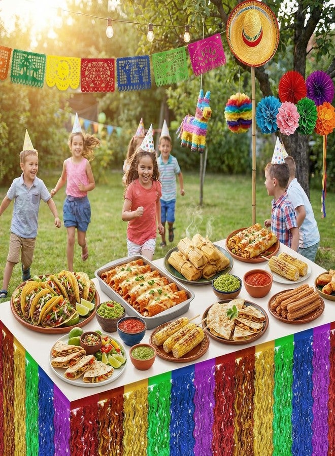 PhyLence 2 Pack Fiesta Metallic Fringe Table Skirt, Rainbow Foil Table Skirts for Fiesta Party, Cinco de Mayo Decorations, Colorful Birthday and Celebration Table Decor - Image 4