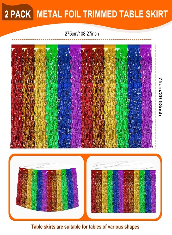 PhyLence 2 Pack Fiesta Metallic Fringe Table Skirt, Rainbow Foil Table Skirts for Fiesta Party, Cinco de Mayo Decorations, Colorful Birthday and Celebration Table Decor - Image 2