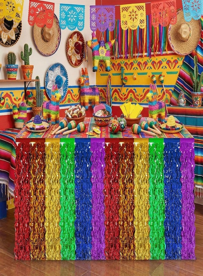 PhyLence 2 Pack Fiesta Metallic Fringe Table Skirt, Rainbow Foil Table Skirts for Fiesta Party, Cinco de Mayo Decorations, Colorful Birthday and Celebration Table Decor - Image 5