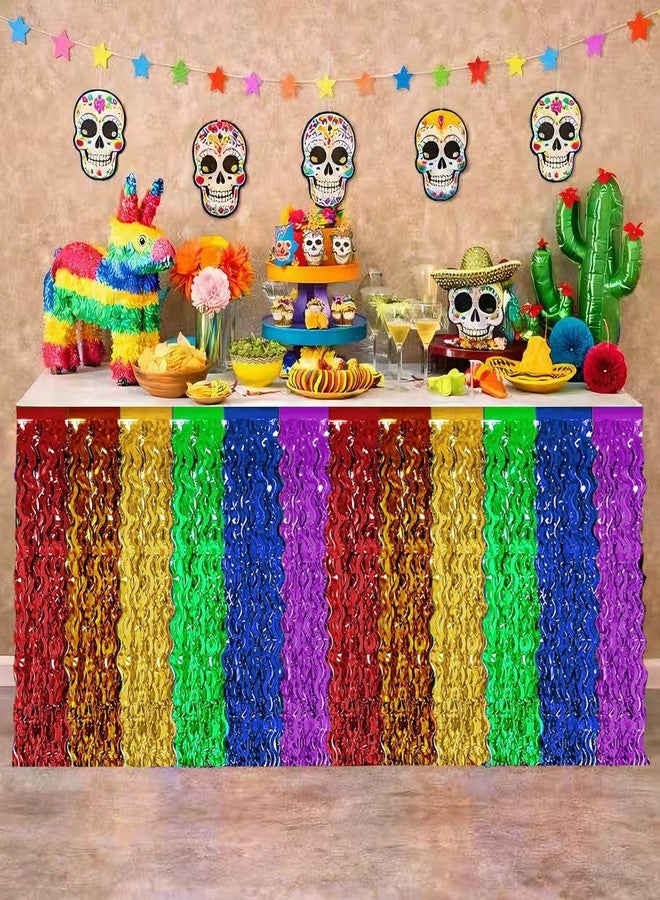 PhyLence 2 Pack Fiesta Metallic Fringe Table Skirt, Rainbow Foil Table Skirts for Fiesta Party, Cinco de Mayo Decorations, Colorful Birthday and Celebration Table Decor - Image 1