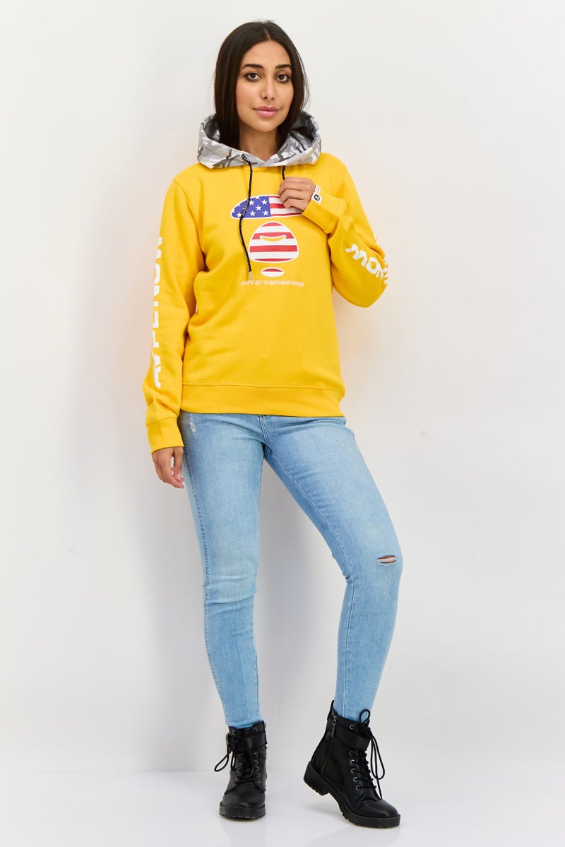 Aape By A Bathing Ape Women Graphic Long Sleeve Hooded Sweatshirts, Yellow Combo - Image 4