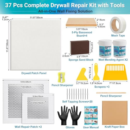 Comkrivy 37 Pcs Drywall Repair Kit with 12"x12" Dry Wall Panel, Dry wall Patch Kit Sheetrock Repair Kit with Spackle, Mesh Tape, Putty Knives & Sanding Block for Sheet Rock Wall Surface Ceiling Large Hole Fill - Image 2