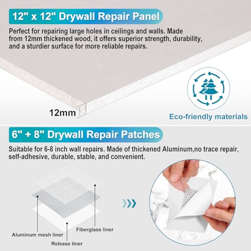 Comkrivy 37 Pcs Drywall Repair Kit with 12"x12" Dry Wall Panel, Dry wall Patch Kit Sheetrock Repair Kit with Spackle, Mesh Tape, Putty Knives & Sanding Block for Sheet Rock Wall Surface Ceiling Large Hole Fill - Image 3