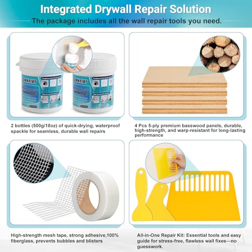 Comkrivy 37 Pcs Drywall Repair Kit with 12"x12" Dry Wall Panel, Dry wall Patch Kit Sheetrock Repair Kit with Spackle, Mesh Tape, Putty Knives & Sanding Block for Sheet Rock Wall Surface Ceiling Large Hole Fill - Image 4
