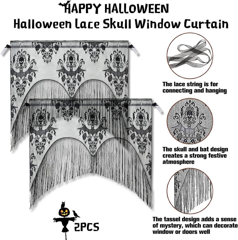 ZeeDix 2 Pcs Halloween Lace Skull Window Curtain- Black Tassel Door Curtain for Halloween Home Party Decorations, Party Supplies - Image 3