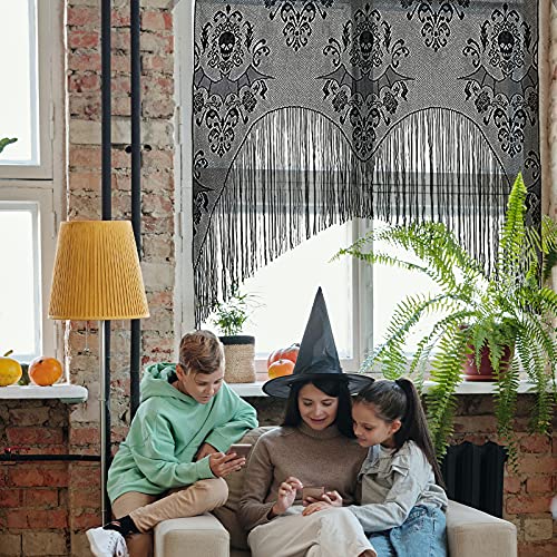 ZeeDix 2 Pcs Halloween Lace Skull Window Curtain- Black Tassel Door Curtain for Halloween Home Party Decorations, Party Supplies - Image 5