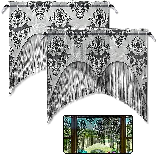 ZeeDix 2 Pcs Halloween Lace Skull Window Curtain- Black Tassel Door Curtain for Halloween Home Party Decorations, Party Supplies - Image 1