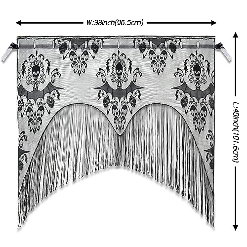 ZeeDix 2 Pcs Halloween Lace Skull Window Curtain- Black Tassel Door Curtain for Halloween Home Party Decorations, Party Supplies - Image 2
