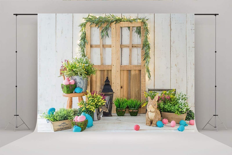 7x5ft Spring Easter Photography Backdrops Wood Barn Eggs Flowers Happy Easter Background for Photo