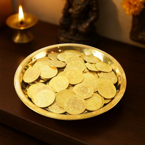 Putrika Brass Plate with 11 Kuber Coins for Pooja|Puja Lakshmi Kubera Coin Set for Wealth|Prosperity & Vastu | Diwali Pooja Items for Mandir, Home Temple|Office&Gift Décor-Bobby Plate with 11 Coins - Image 2