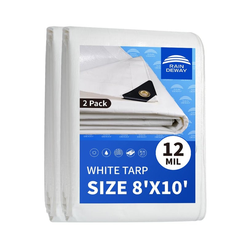 RAINDEWAY 12 Mil Heavy Duty White Tarp 8x10 Feet 2 Pack UV Resistant Waterproof Weatherproof Poly Tarp with Metal Grommets and Reinforced Edges