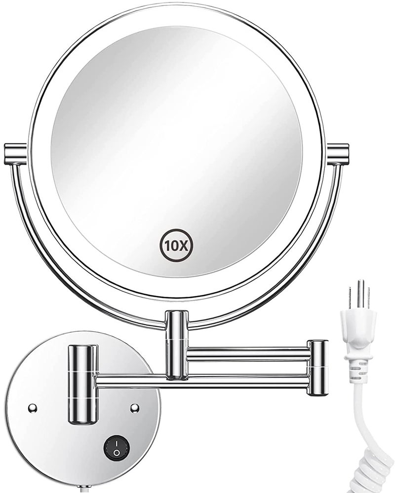 Gospire 85 Wall Mounted Lighted Magnifying Mirror 1X10X DoubleSided Magnification Round LED Cosmetic Vanity Bathroom Mirror Extendable Arm 360 Swivel for Shaving Makeup