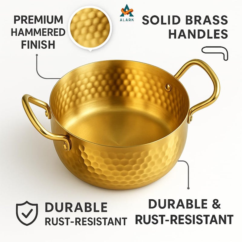 Alark Brass For Cooking With Tin Coating With Handle Brass Handmade With Double Ear Handles Wok Made For Vegetable & Pasta Noodle, Milk Cookware Ayurvedic Health Benefited Tope Brass Pital Tapeli Gold - Image 2