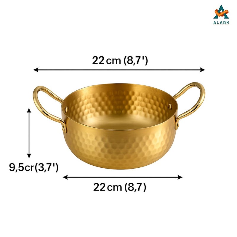 Alark Brass For Cooking With Tin Coating With Handle Brass Handmade With Double Ear Handles Wok Made For Vegetable & Pasta Noodle, Milk Cookware Ayurvedic Health Benefited Tope Brass Pital Tapeli Gold - Image 3