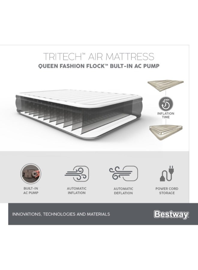 Bestway 2.03m x 1.52m x 56cm Tritech Fashion Flock Air Mattress Queen Built-in AC Pump - Image 3