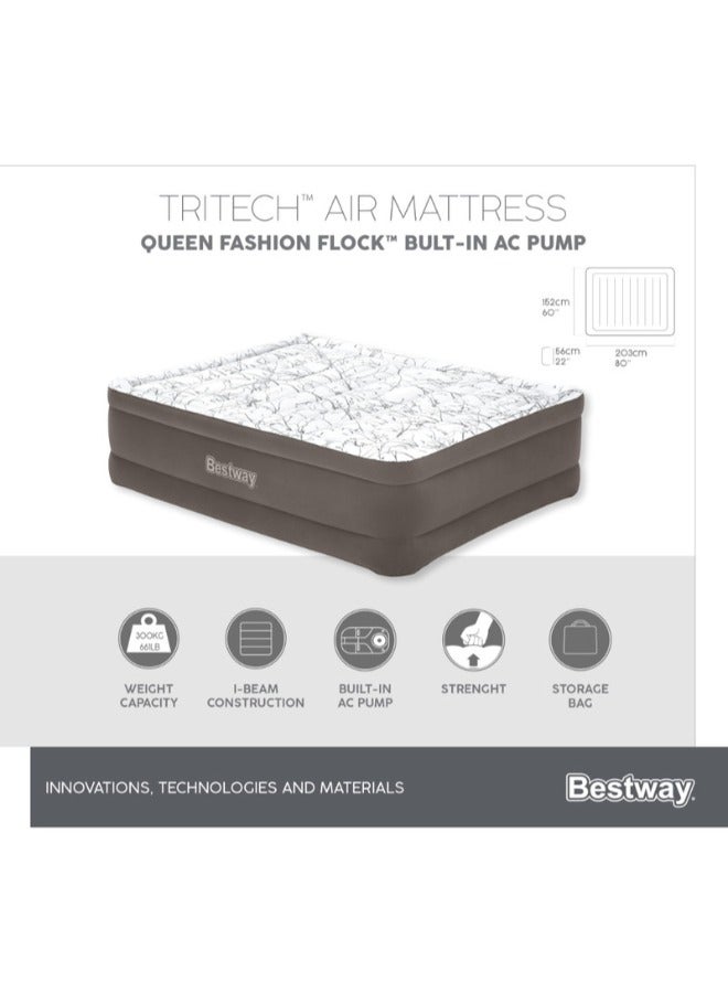 Bestway 2.03m x 1.52m x 56cm Tritech Fashion Flock Air Mattress Queen Built-in AC Pump - Image 1
