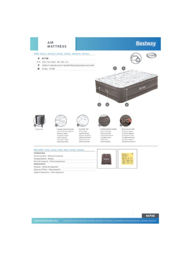Bestway 2.03m x 1.52m x 56cm Tritech Fashion Flock Air Mattress Queen Built-in AC Pump - Image 4