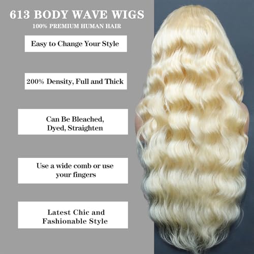 ROYAL IMPRESSION 613 Lace Front Wig Human Hair 200% Density Blonde Wig Human Hair 13x4 HD Full Lace Frontal Wigs Human Hair Pre Plucked 12A Body Wave Glueless Wigs Human Hair for Women 3X Longer Lifespan (18 Inch) - Image 2