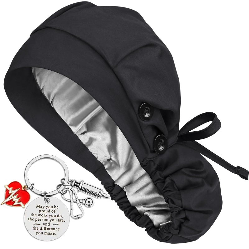 Hachapy Ponytail Scrub Cap Satin Lined Womens Nurse Hat Silk Surgical Bouffant Bonnets with Buttons Black - Image 5