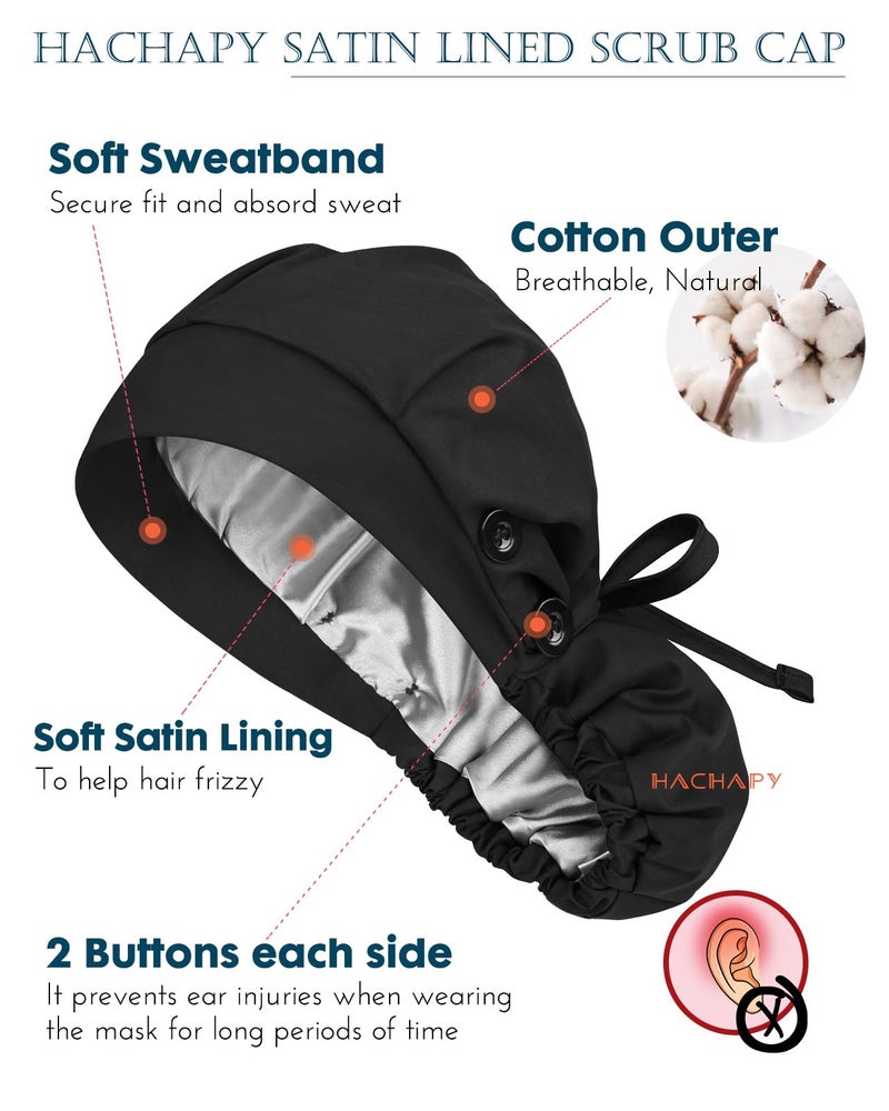 Hachapy Ponytail Scrub Cap Satin Lined Womens Nurse Hat Silk Surgical Bouffant Bonnets with Buttons Black - Image 2