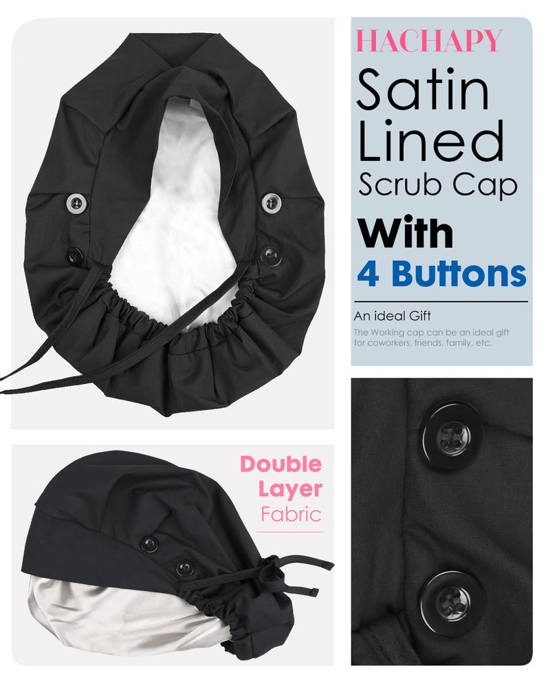 Hachapy Ponytail Scrub Cap Satin Lined Womens Nurse Hat Silk Surgical Bouffant Bonnets with Buttons Black - Image 4