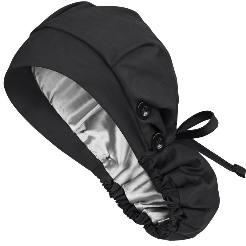 Hachapy Ponytail Scrub Cap Satin Lined Womens Nurse Hat Silk Surgical Bouffant Bonnets with Buttons Black - Image 1