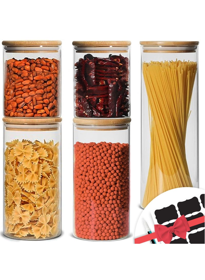 AMROAH 5 pcs Round Glass Storage Jar with Bamboo Lids 600 900 1200 ml, Glass Clear Stackable Containers Kitchen Canisters with Airtight Lid Storages Food Tea Coffee Sugar Salt Spices Pasts Beans  - Image 1