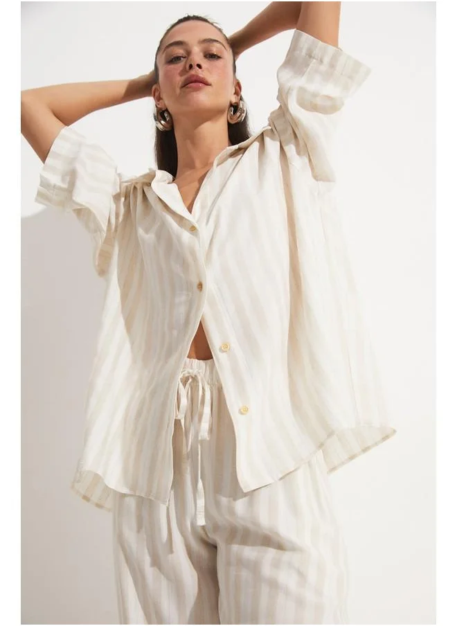 JUNE June Striped Viscose Blend Shirt & Trouser Set Stone