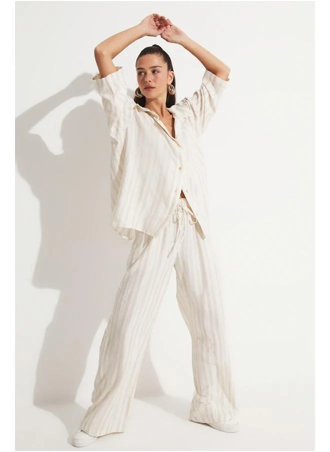 JUNE June Striped Viscose Blend Shirt & Trouser Set Stone