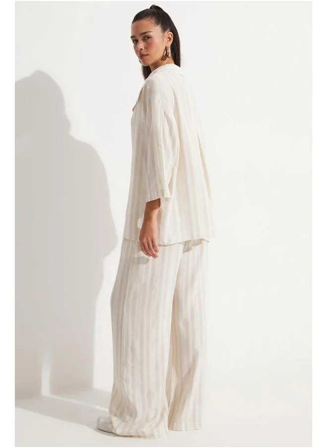 JUNE June Striped Viscose Blend Shirt & Trouser Set Stone
