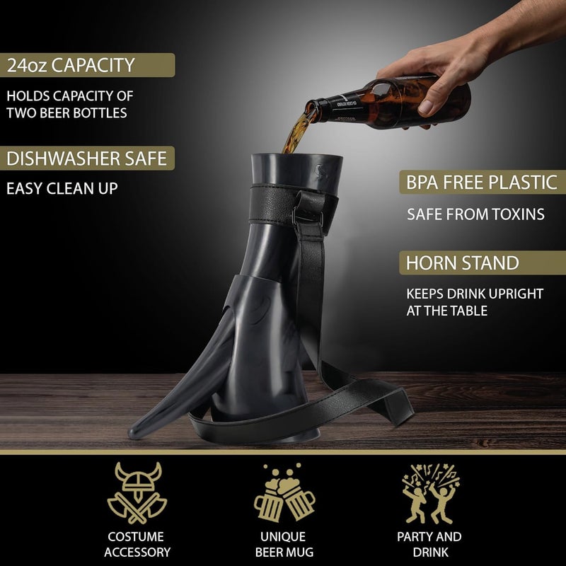 BLKSMITH Viking Drinking Horn | Dishwasher Safe and BPA free Viking Horn Drinking Cup | 24 oz Plastic Beer Glass with Leather Holster and Matching Stand | Black - Image 3