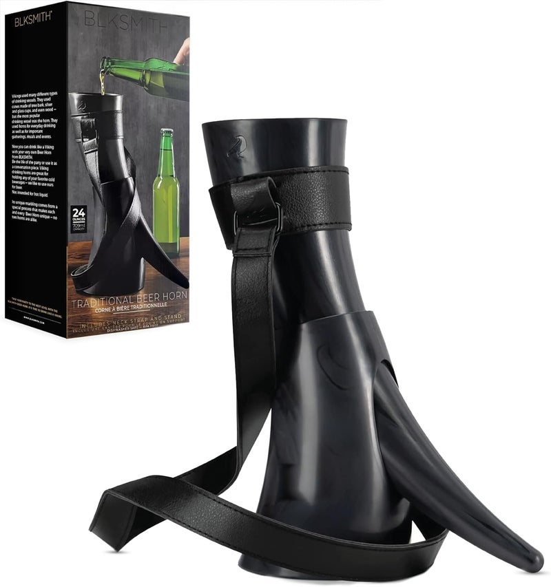 BLKSMITH Viking Drinking Horn | Dishwasher Safe and BPA free Viking Horn Drinking Cup | 24 oz Plastic Beer Glass with Leather Holster and Matching Stand | Black - Image 1