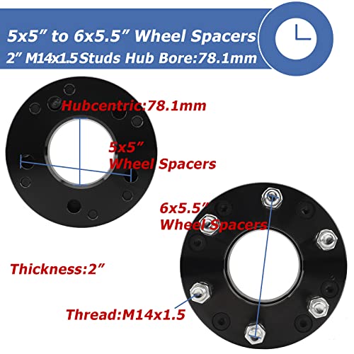 EZISOE 2 Inch 5x5 to 6x5.5 Wheel Adapters replacement for 1995-1999 Tahoe/1996-2002 Express, 5x127 to 6x139.7 Wheel Adapters 78.1mm Center Bore with M14x1.5 Studs, Black - Image 2