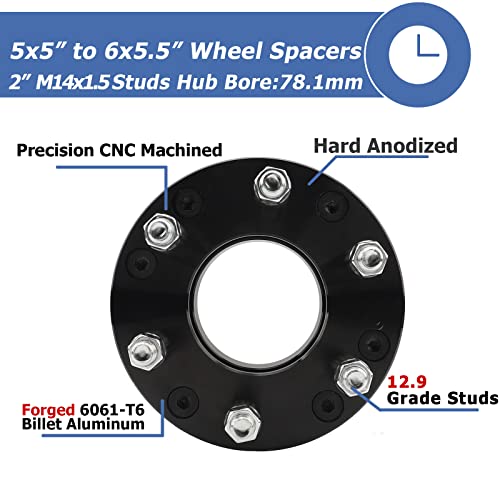 EZISOE 2 Inch 5x5 to 6x5.5 Wheel Adapters replacement for 1995-1999 Tahoe/1996-2002 Express, 5x127 to 6x139.7 Wheel Adapters 78.1mm Center Bore with M14x1.5 Studs, Black - Image 5