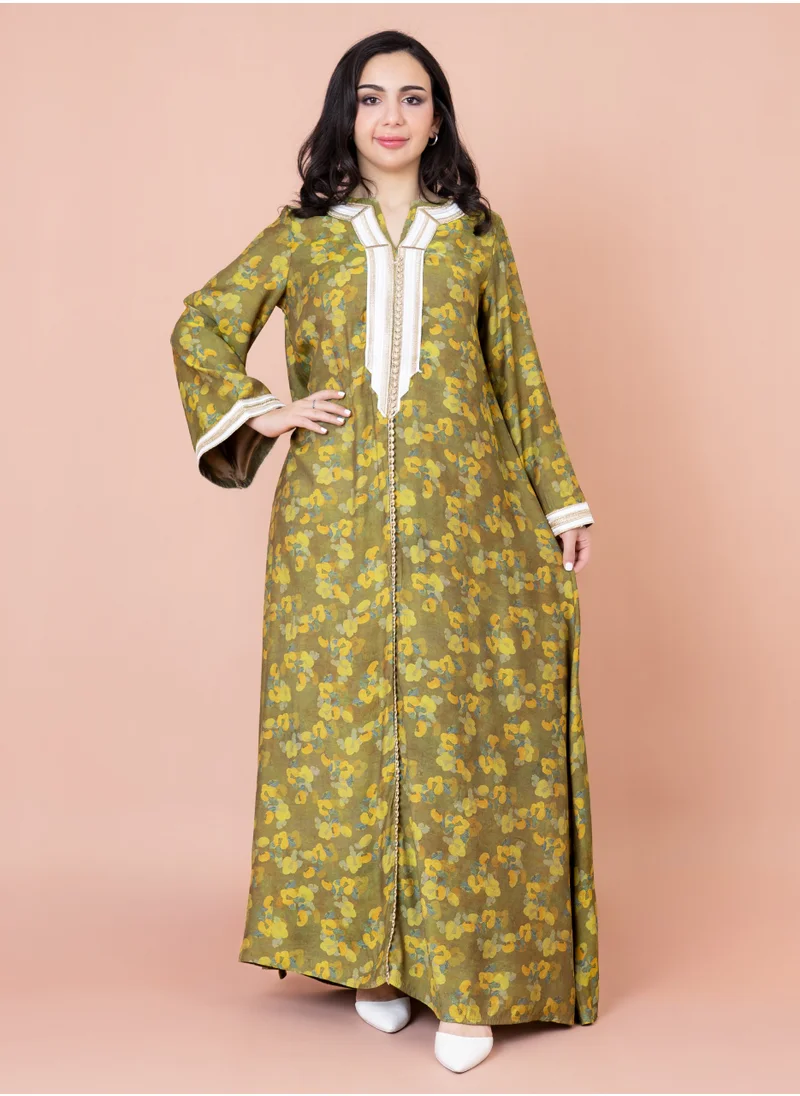 IKKXA Embroidered Floral Print Jalabiya IK1028 Green